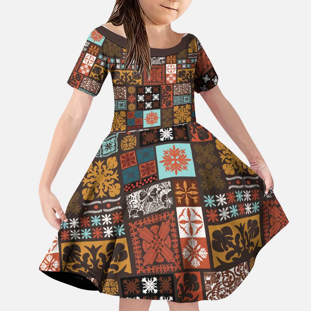 Vintage Hawaiian Quilting Patterns Family Matching Off Shoulder Maxi Dress and Hawaiian Shirt Brown Style Tribal Fabric Patchwork LT9 Daughter's Dress Brown - Polynesian Pride