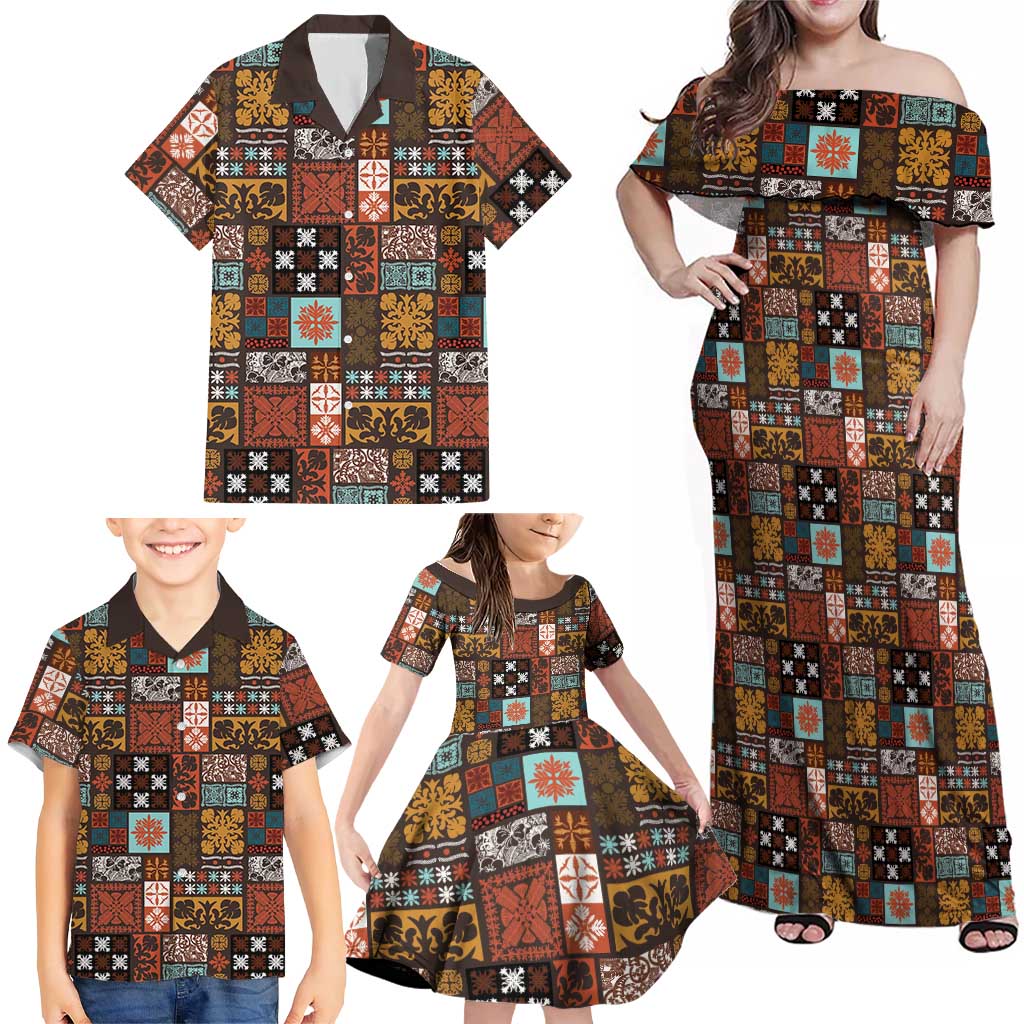 Vintage Hawaiian Quilting Patterns Family Matching Off Shoulder Maxi Dress and Hawaiian Shirt Brown Style Tribal Fabric Patchwork LT9 - Polynesian Pride