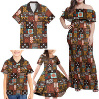 Vintage Hawaiian Quilting Patterns Family Matching Off Shoulder Maxi Dress and Hawaiian Shirt Brown Style Tribal Fabric Patchwork LT9 - Polynesian Pride