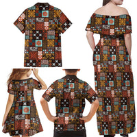 Vintage Hawaiian Quilting Patterns Family Matching Off Shoulder Maxi Dress and Hawaiian Shirt Brown Style Tribal Fabric Patchwork LT9 - Polynesian Pride