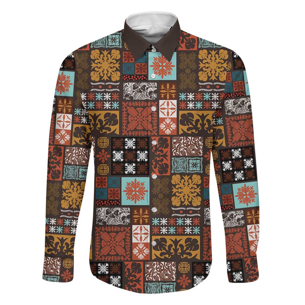 Vintage Hawaiian Quilting Patterns Family Matching Off Shoulder Maxi Dress and Hawaiian Shirt Brown Style Tribal Fabric Patchwork LT9 Dad's Shirt - Long Sleeve Brown - Polynesian Pride