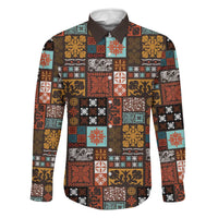 Vintage Hawaiian Quilting Patterns Family Matching Off Shoulder Maxi Dress and Hawaiian Shirt Brown Style Tribal Fabric Patchwork LT9 Dad's Shirt - Long Sleeve Brown - Polynesian Pride