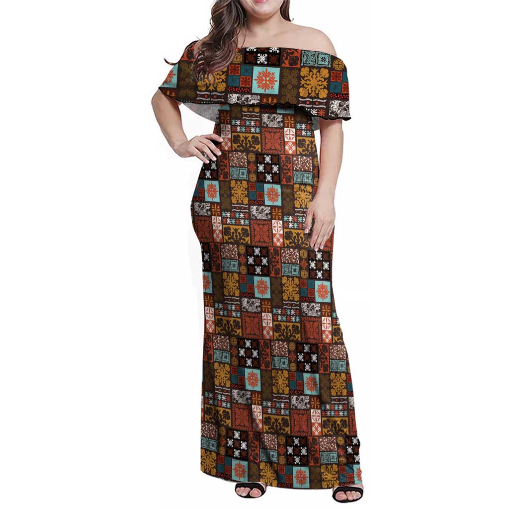 Vintage Hawaiian Quilting Patterns Family Matching Off Shoulder Maxi Dress and Hawaiian Shirt Brown Style Tribal Fabric Patchwork LT9 Mom's Dress Brown - Polynesian Pride