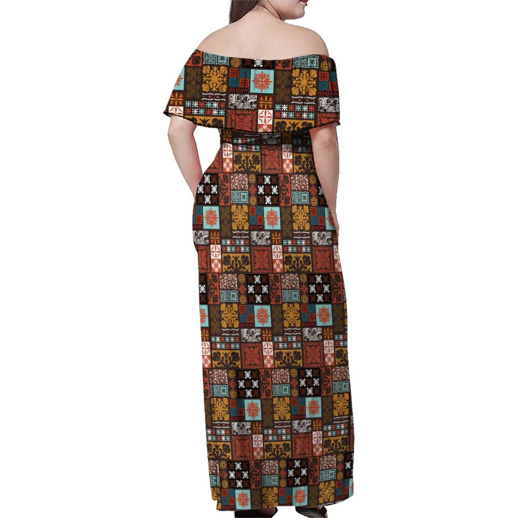 Vintage Hawaiian Quilting Patterns Family Matching Off Shoulder Maxi Dress and Hawaiian Shirt Brown Style Tribal Fabric Patchwork LT9 - Polynesian Pride