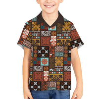 Vintage Hawaiian Quilting Patterns Family Matching Off Shoulder Maxi Dress and Hawaiian Shirt Brown Style Tribal Fabric Patchwork LT9 Son's Shirt Brown - Polynesian Pride