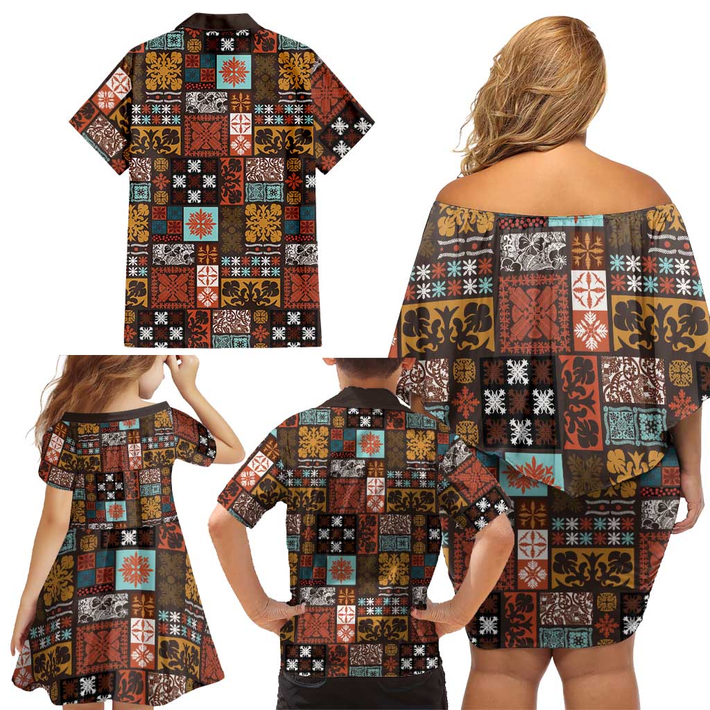 Vintage Hawaiian Quilting Patterns Family Matching Off Shoulder Short Dress and Hawaiian Shirt Brown Style Tribal Fabric Patchwork LT9 - Polynesian Pride