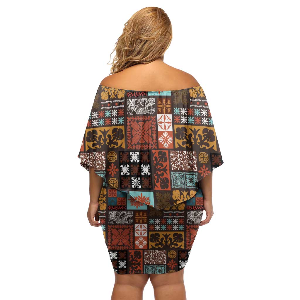 Vintage Hawaiian Quilting Patterns Family Matching Off Shoulder Short Dress and Hawaiian Shirt Brown Style Tribal Fabric Patchwork LT9 - Polynesian Pride