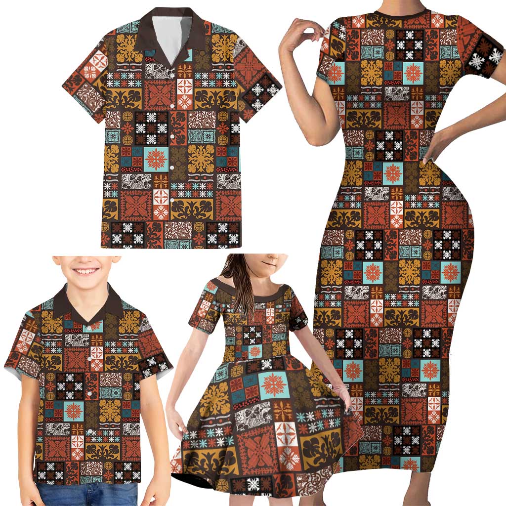 Vintage Hawaiian Quilting Patterns Family Matching Short Sleeve Bodycon Dress and Hawaiian Shirt Brown Style Tribal Fabric Patchwork LT9 - Polynesian Pride