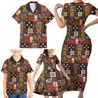 Vintage Hawaiian Quilting Patterns Family Matching Short Sleeve Bodycon Dress and Hawaiian Shirt Brown Style Tribal Fabric Patchwork LT9 - Polynesian Pride