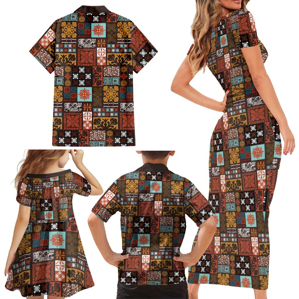 Vintage Hawaiian Quilting Patterns Family Matching Short Sleeve Bodycon Dress and Hawaiian Shirt Brown Style Tribal Fabric Patchwork LT9 - Polynesian Pride