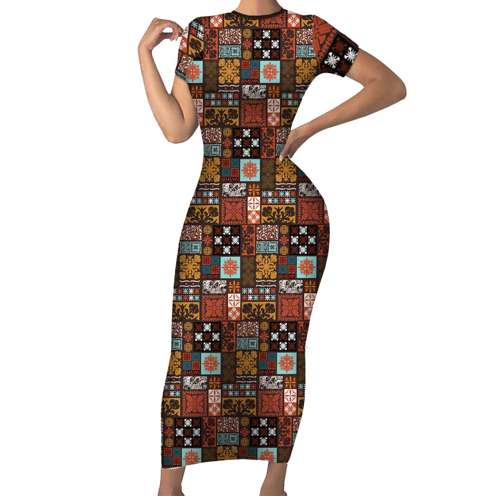 Vintage Hawaiian Quilting Patterns Family Matching Short Sleeve Bodycon Dress and Hawaiian Shirt Brown Style Tribal Fabric Patchwork LT9 Mom's Dress Brown - Polynesian Pride