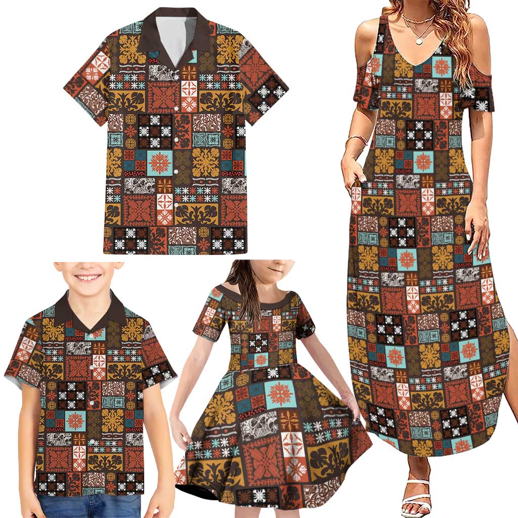 Vintage Hawaiian Quilting Patterns Family Matching Summer Maxi Dress and Hawaiian Shirt Brown Style Tribal Fabric Patchwork LT9 - Polynesian Pride