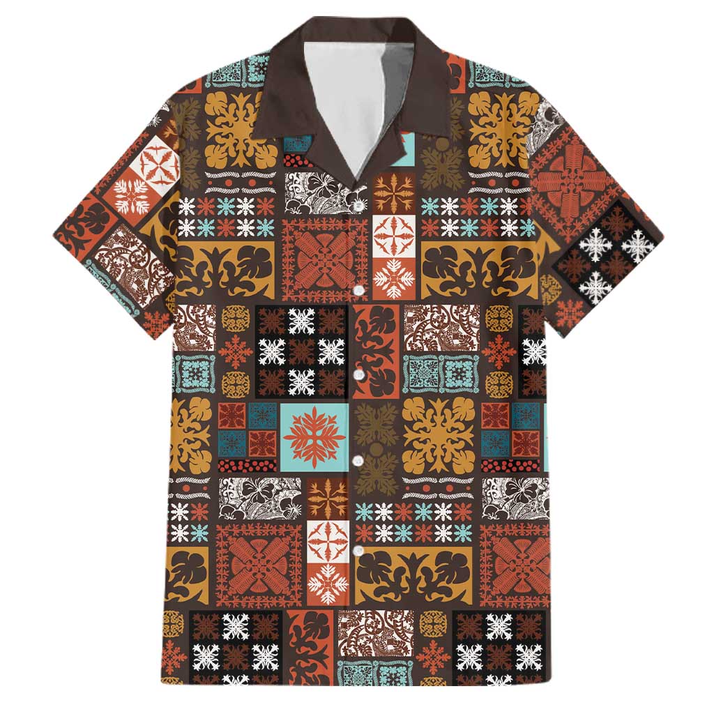Vintage Hawaiian Quilting Patterns Family Matching Summer Maxi Dress and Hawaiian Shirt Brown Style Tribal Fabric Patchwork LT9 Dad's Shirt - Short Sleeve Brown - Polynesian Pride