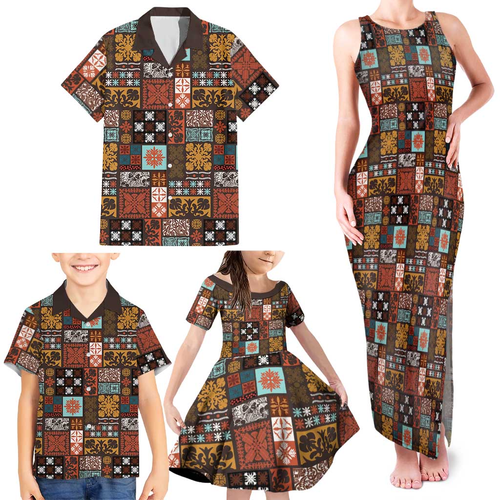 Vintage Hawaiian Quilting Patterns Family Matching Tank Maxi Dress and Hawaiian Shirt Brown Style Tribal Fabric Patchwork LT9 - Polynesian Pride