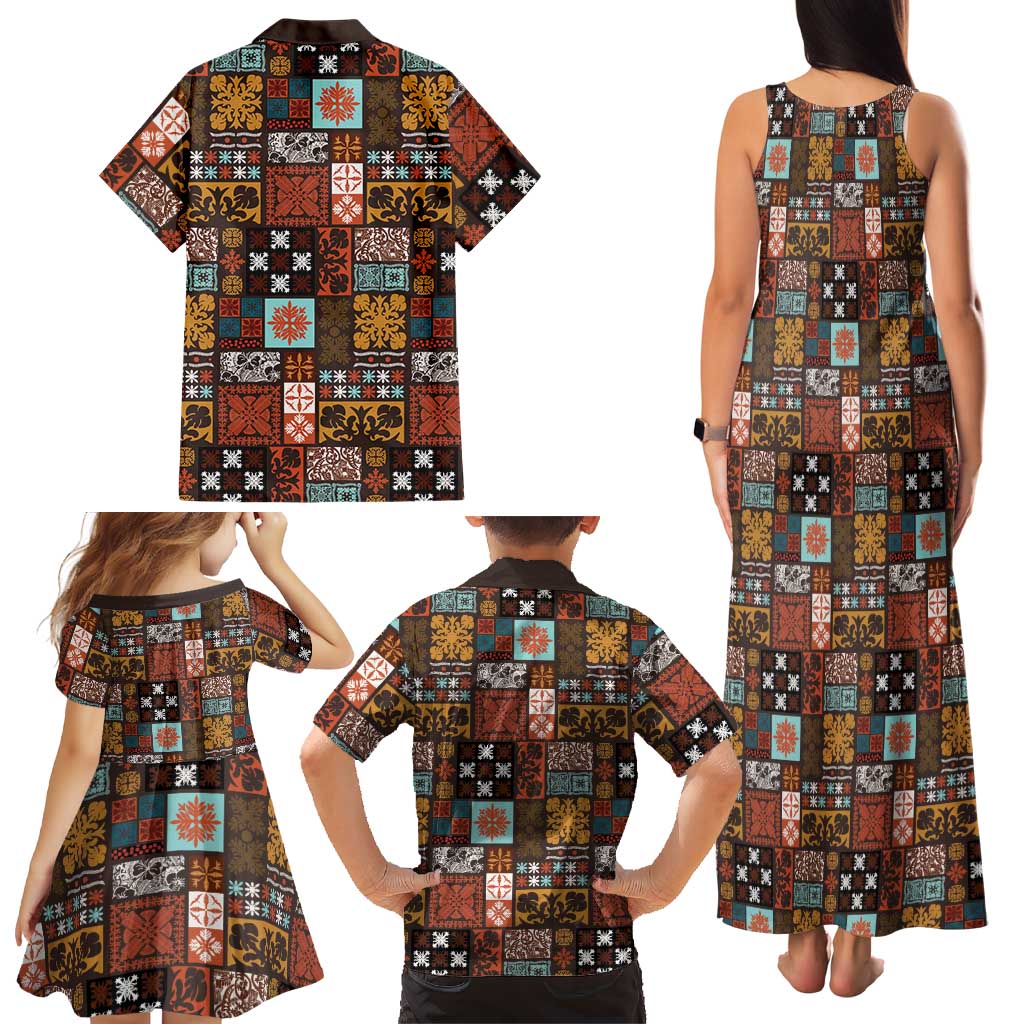 Vintage Hawaiian Quilting Patterns Family Matching Tank Maxi Dress and Hawaiian Shirt Brown Style Tribal Fabric Patchwork LT9 - Polynesian Pride