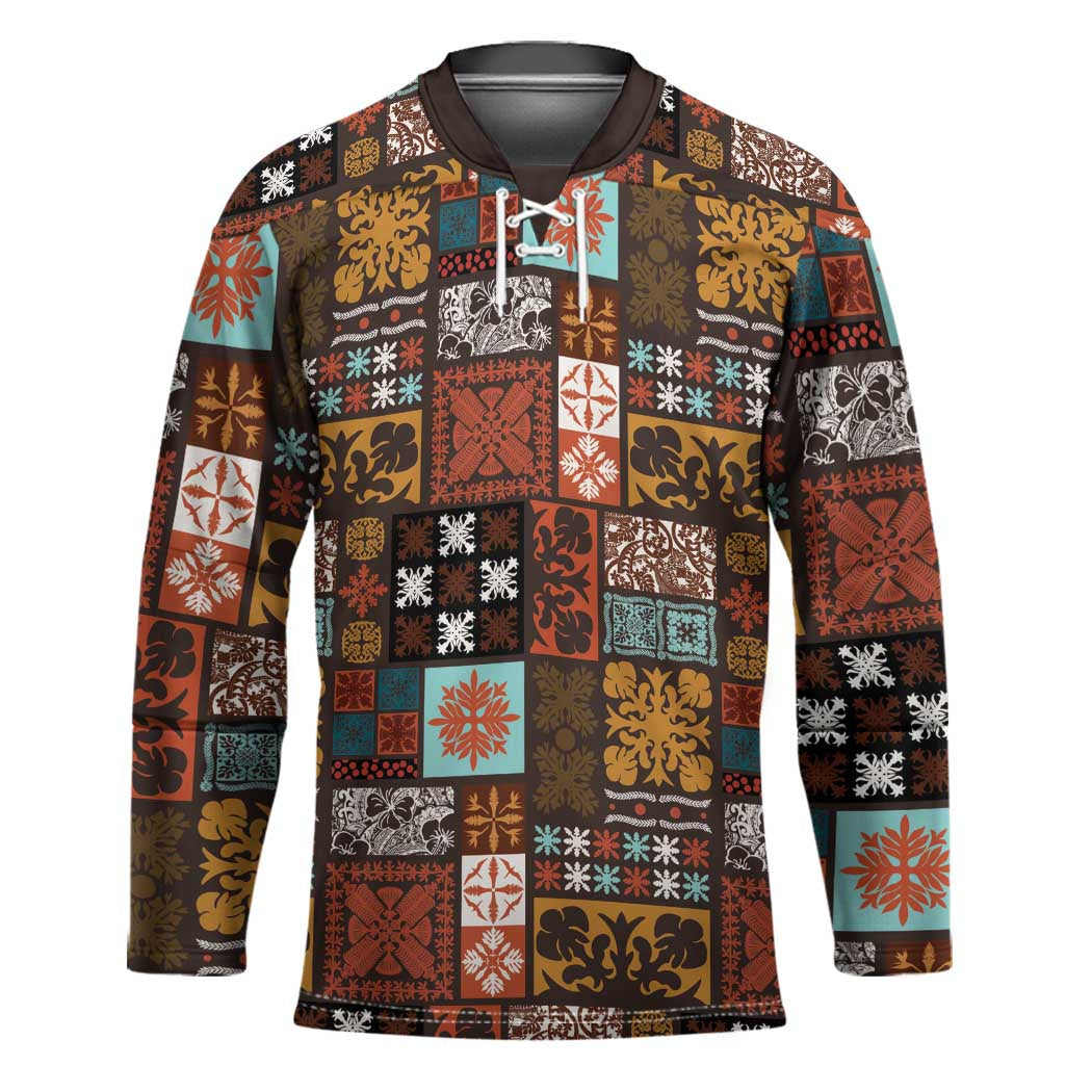 Vintage Hawaiian Quilting Patterns Hockey Jersey Brown Style Tribal Fabric Patchwork LT9 Unisex Brown - Polynesian Pride