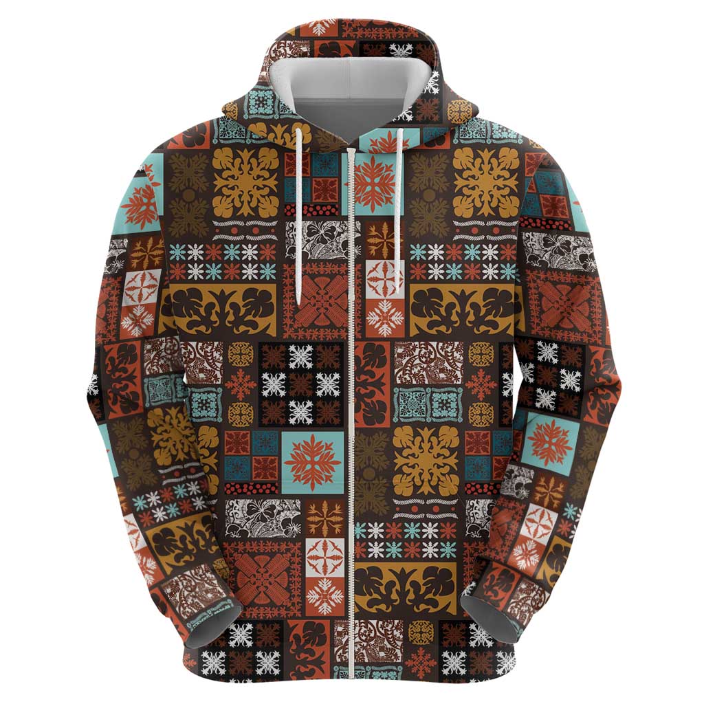 Vintage Hawaiian Quilting Patterns Hoodie Brown Style Tribal Fabric Patchwork - Polynesian Pride