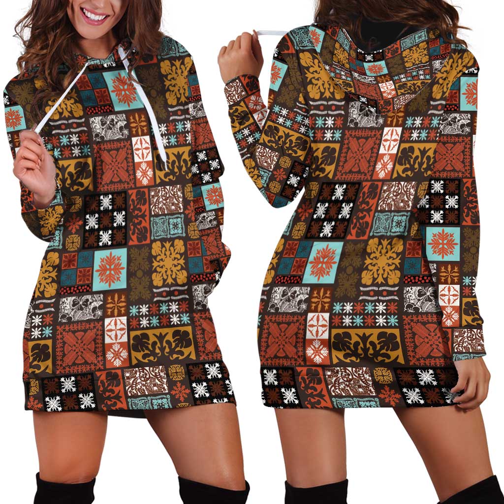 Vintage Hawaiian Quilting Patterns Hoodie Dress Brown Style Tribal Fabric Patchwork - Polynesian Pride