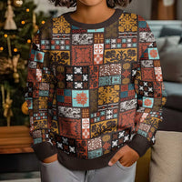 Vintage Hawaiian Quilting Patterns Kid Ugly Christmas Sweater Brown Style Tribal Fabric Patchwork LT9 - Polynesian Pride