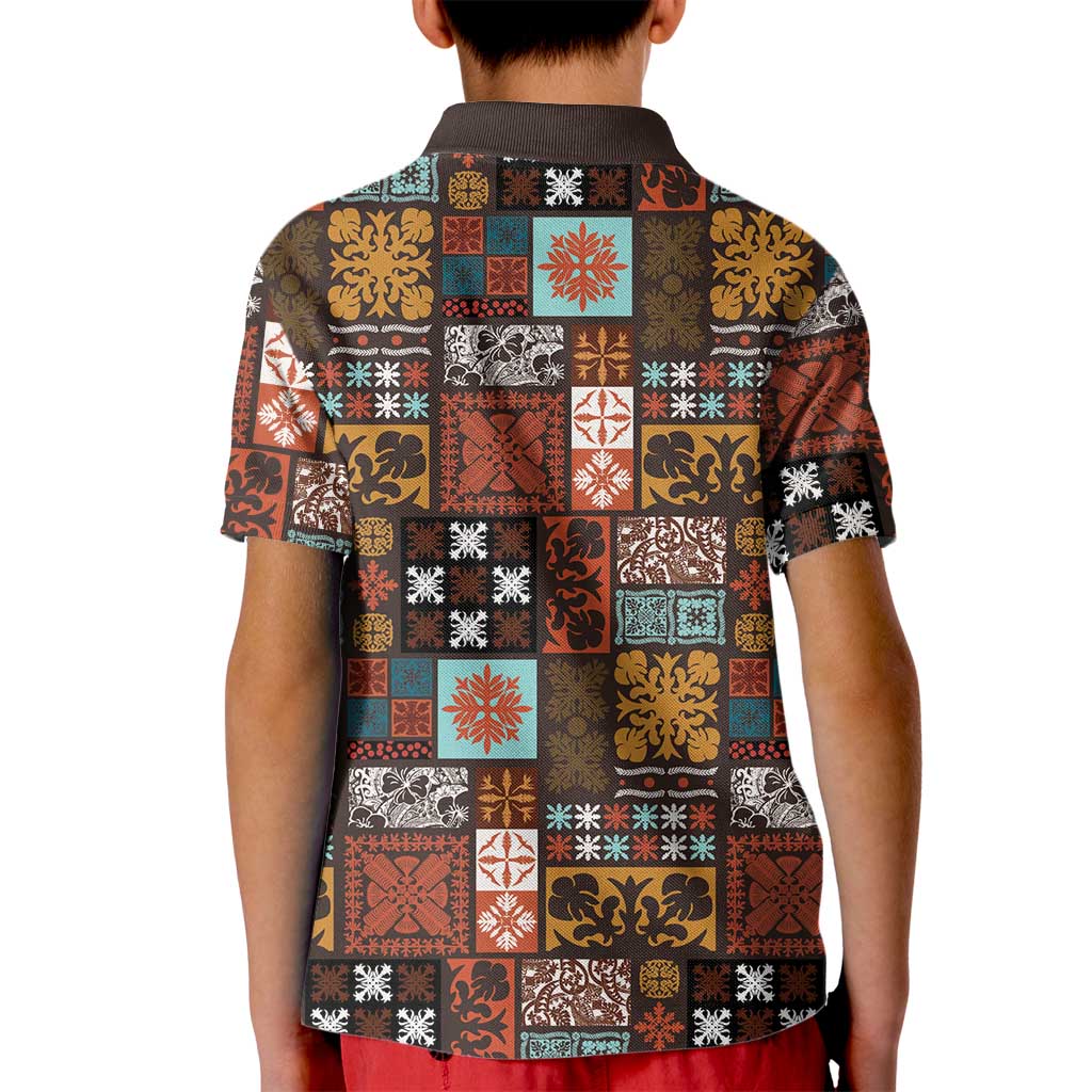 Vintage Hawaiian Quilting Patterns Kid Polo Shirt Brown Style Tribal Fabric Patchwork - Polynesian Pride