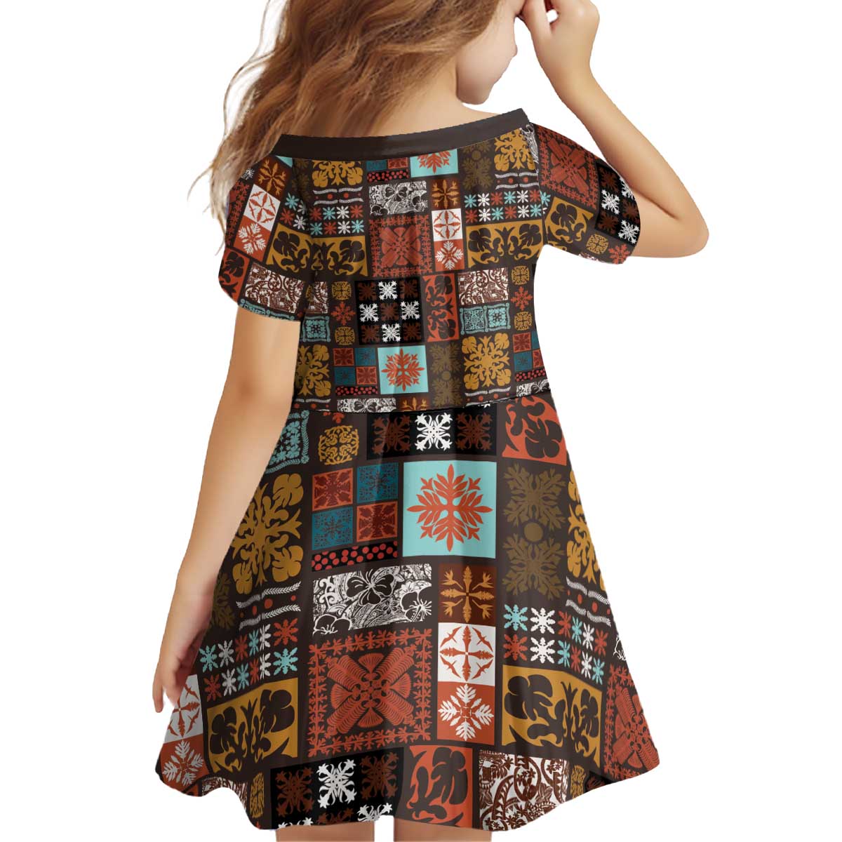 Vintage Hawaiian Quilting Patterns Kid Short Sleeve Dress Brown Style Tribal Fabric Patchwork - Polynesian Pride