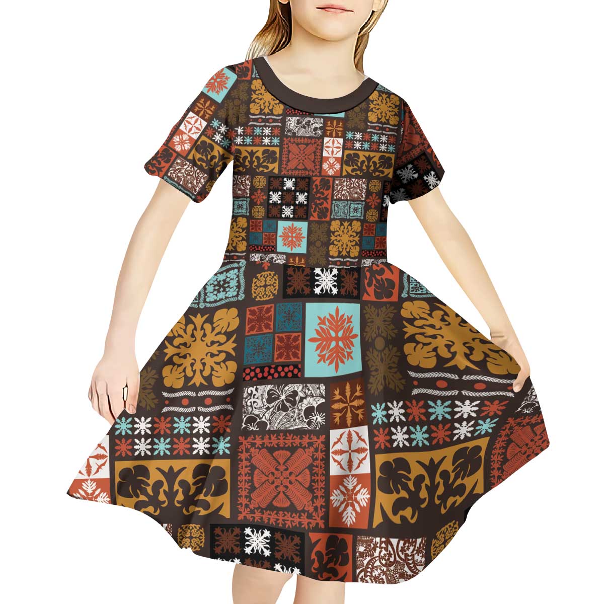 Vintage Hawaiian Quilting Patterns Kid Short Sleeve Dress Brown Style Tribal Fabric Patchwork - Polynesian Pride