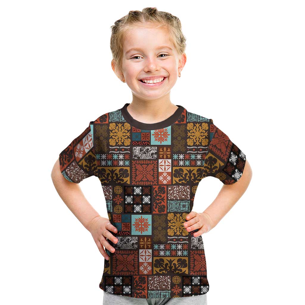 Vintage Hawaiian Quilting Patterns Kid T Shirt Brown Style Tribal Fabric Patchwork LT9 Brown - Polynesian Pride