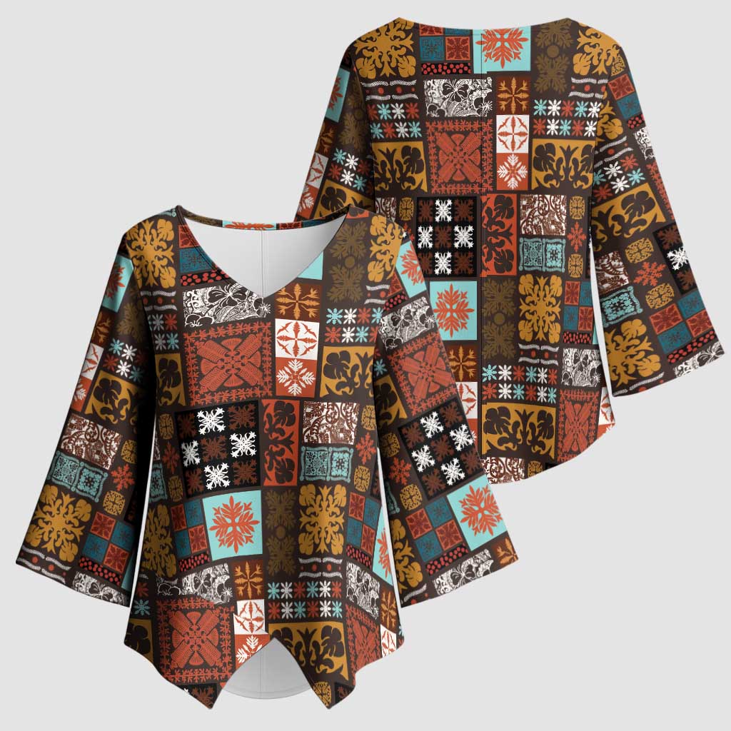Vintage Hawaiian Quilting Patterns Kimono Sleeve Blouse Brown Style Tribal Fabric Patchwork LT9 - Polynesian Pride
