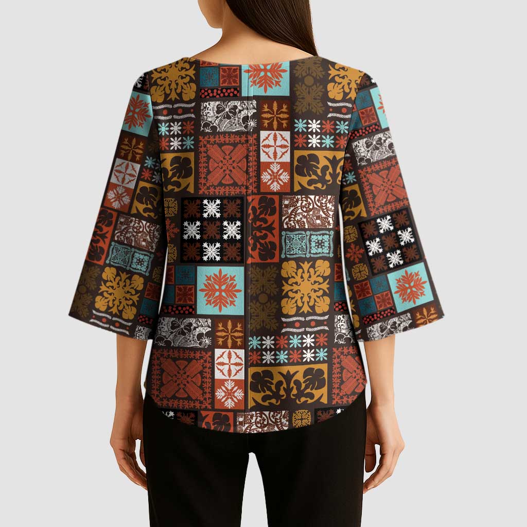 Vintage Hawaiian Quilting Patterns Kimono Sleeve Blouse Brown Style Tribal Fabric Patchwork LT9 - Polynesian Pride
