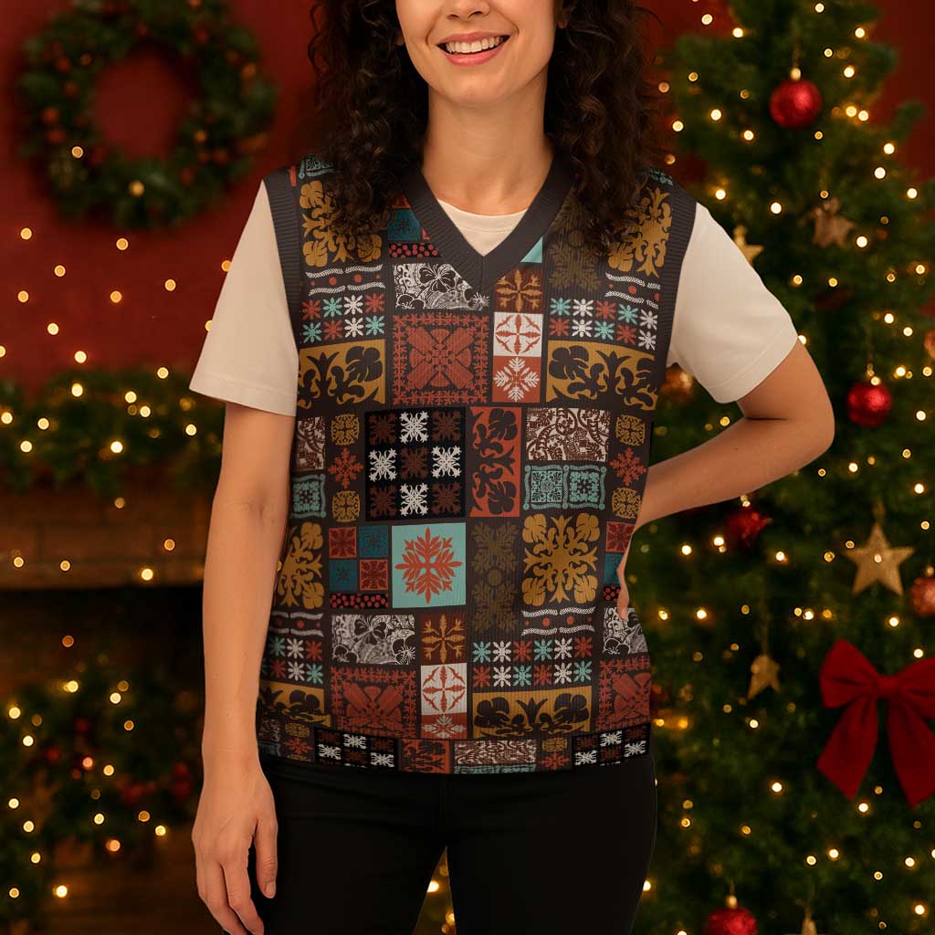 Vintage Hawaiian Quilting Patterns Christmas Knitted V-Neck Vest Brown Style Tribal Fabric Patchwork - Polynesian Pride