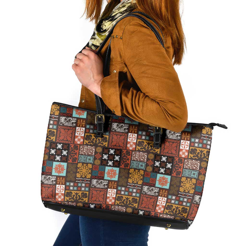 Vintage Hawaiian Quilting Patterns Leather Tote Bag Brown Style Tribal Fabric Patchwork - Polynesian Pride