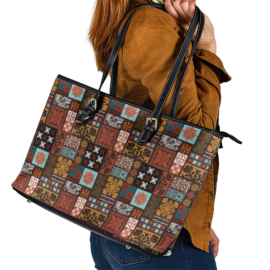 Vintage Hawaiian Quilting Patterns Leather Tote Bag Brown Style Tribal Fabric Patchwork - Polynesian Pride