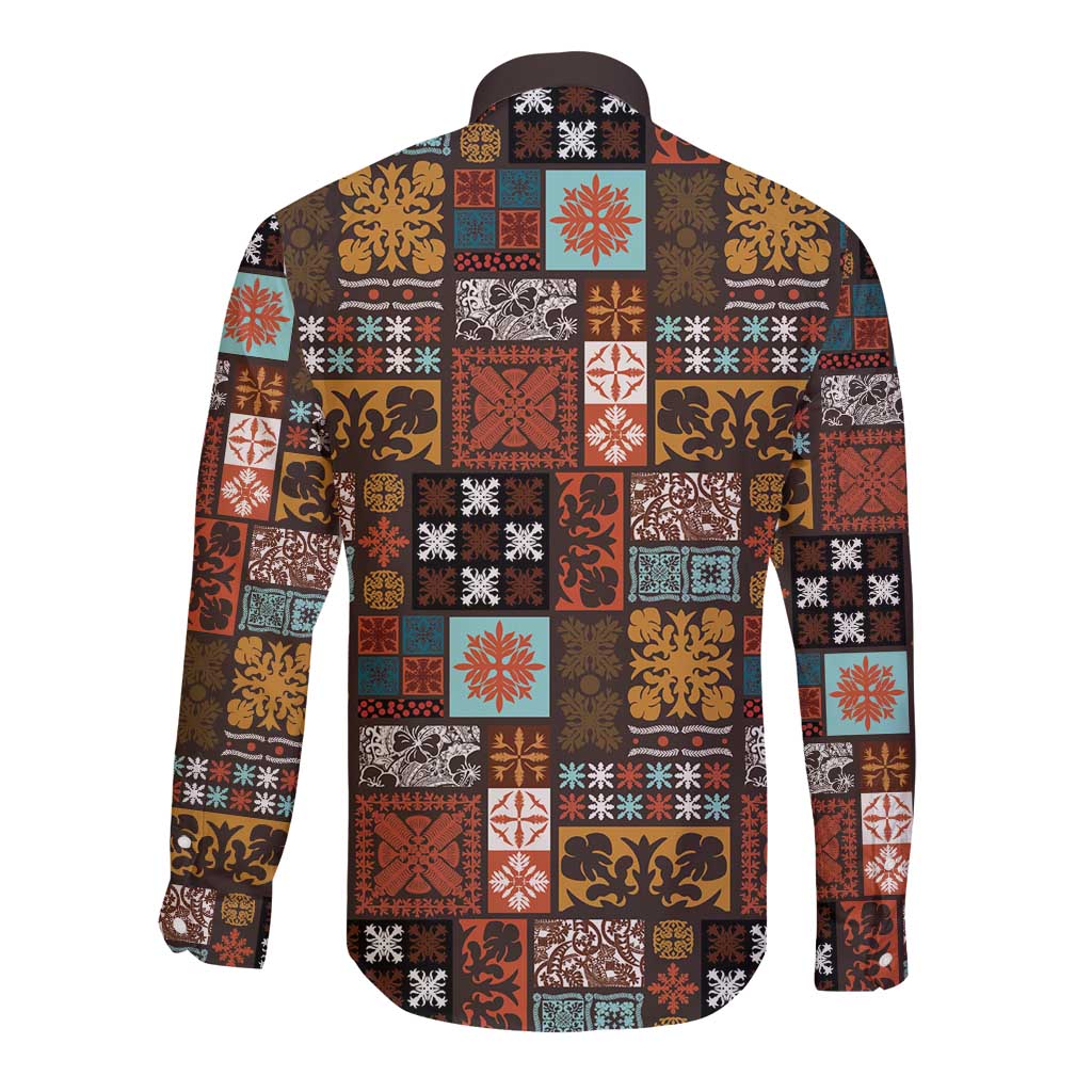 Vintage Hawaiian Quilting Patterns Long Sleeve Button Shirt Brown Style Tribal Fabric Patchwork - Polynesian Pride