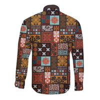 Vintage Hawaiian Quilting Patterns Long Sleeve Button Shirt Brown Style Tribal Fabric Patchwork - Polynesian Pride