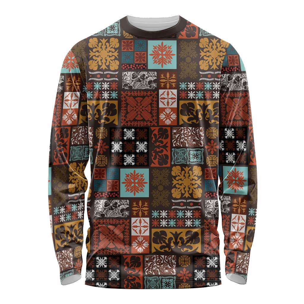 Vintage Hawaiian Quilting Patterns Long Sleeve Shirt Brown Style Tribal Fabric Patchwork LT9 Unisex Brown - Polynesian Pride