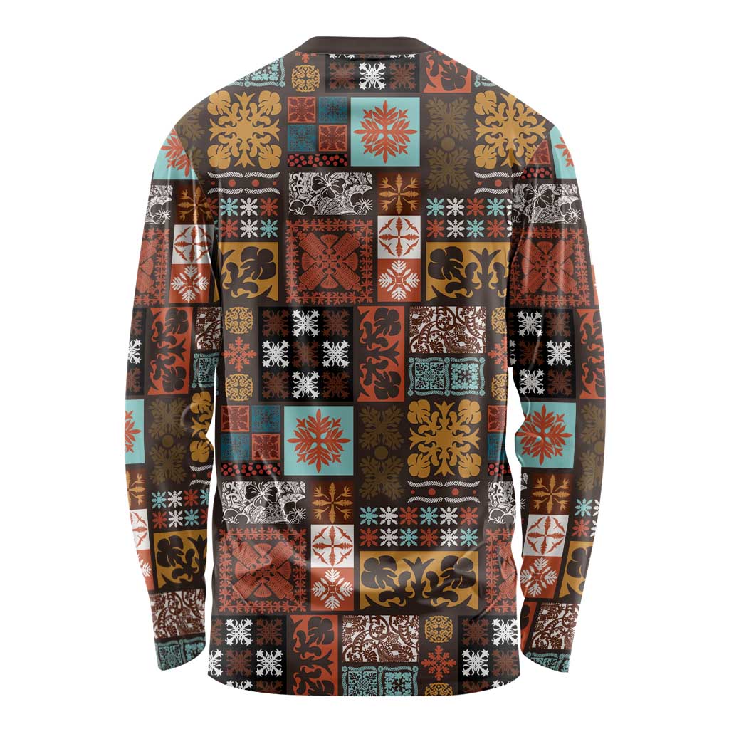 Vintage Hawaiian Quilting Patterns Long Sleeve Shirt Brown Style Tribal Fabric Patchwork LT9 - Polynesian Pride