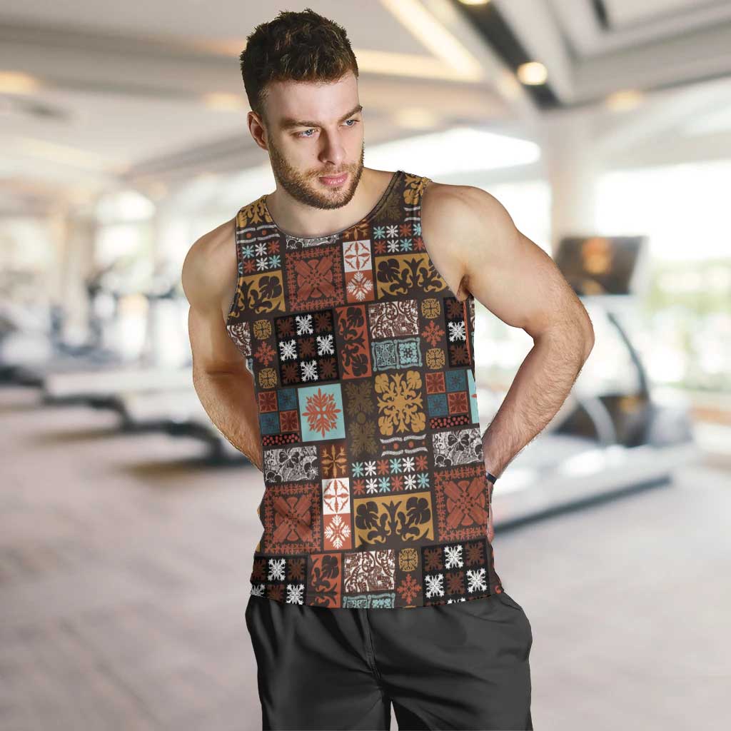 Vintage Hawaiian Quilting Patterns Men Tank Top Brown Style Tribal Fabric Patchwork - Polynesian Pride