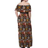 Vintage Hawaiian Quilting Patterns Off Shoulder Maxi Dress Brown Style Tribal Fabric Patchwork - Polynesian Pride