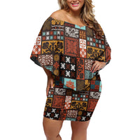 Vintage Hawaiian Quilting Patterns Off Shoulder Short Dress Brown Style Tribal Fabric Patchwork - Polynesian Pride