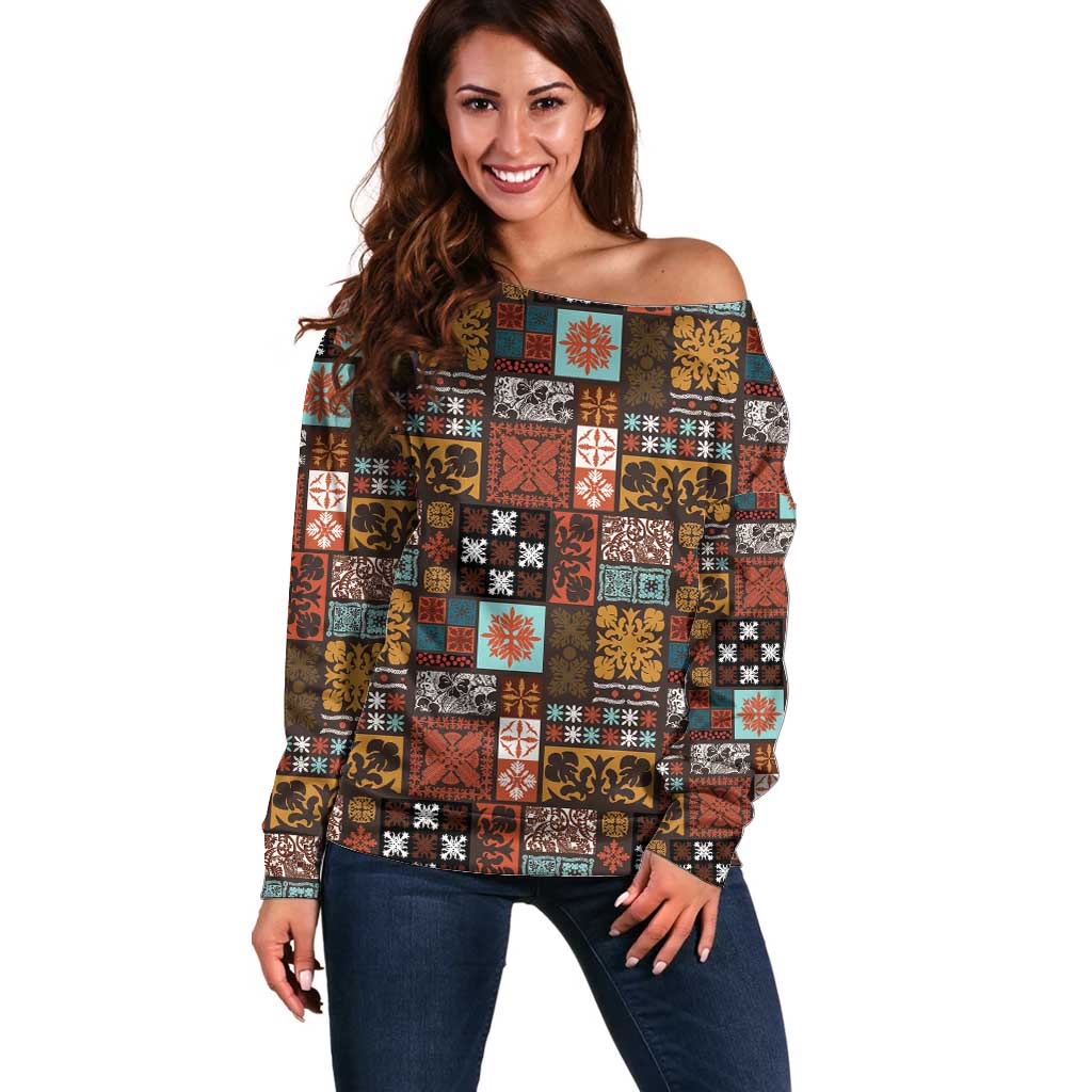 Vintage Hawaiian Quilting Patterns Off Shoulder Sweater Brown Style Tribal Fabric Patchwork - Polynesian Pride