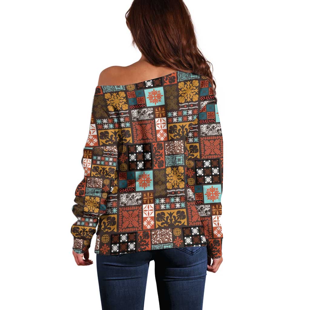 Vintage Hawaiian Quilting Patterns Off Shoulder Sweater Brown Style Tribal Fabric Patchwork - Polynesian Pride