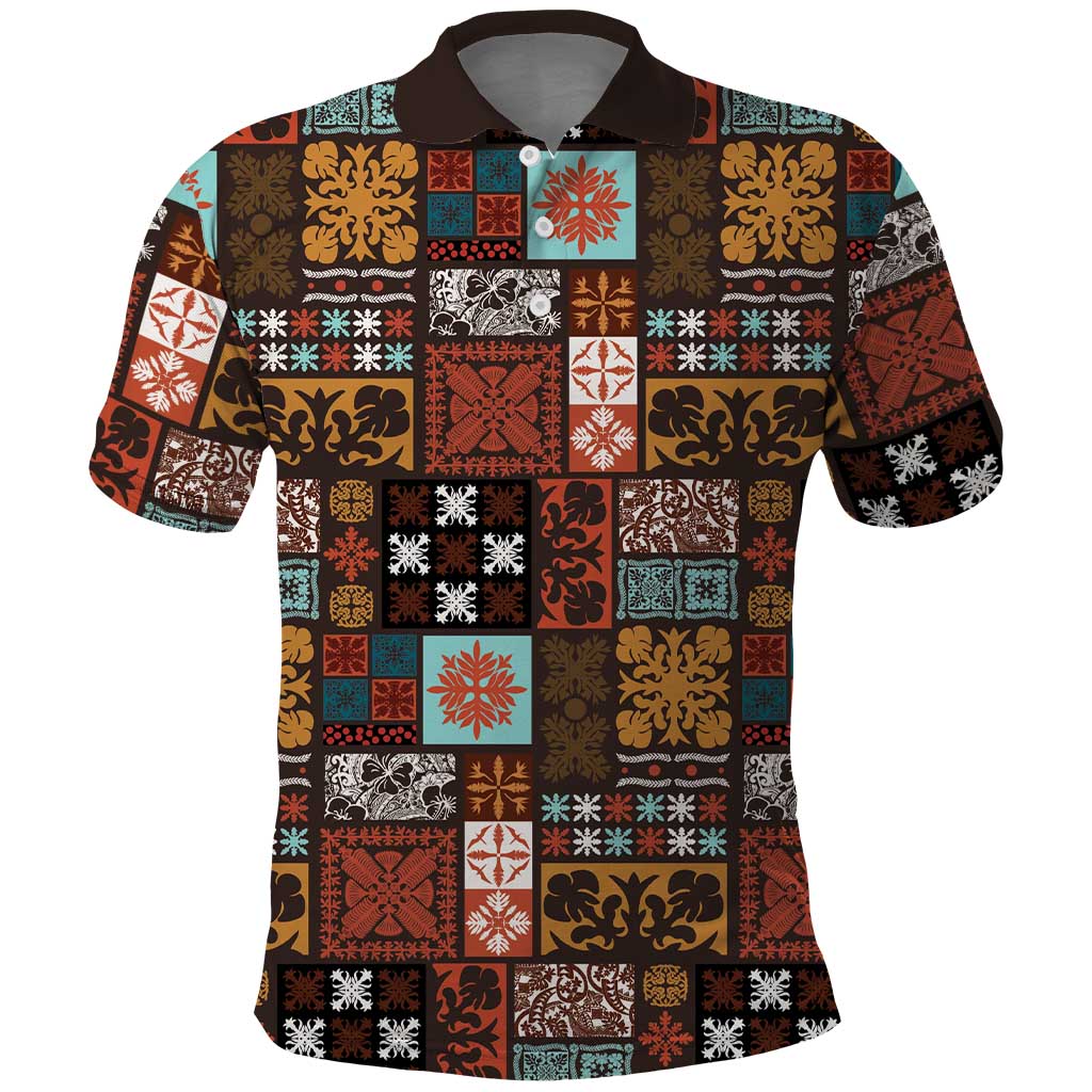 Vintage Hawaiian Quilting Patterns Polo Shirt Brown Style Tribal Fabric Patchwork LT9 Brown - Polynesian Pride