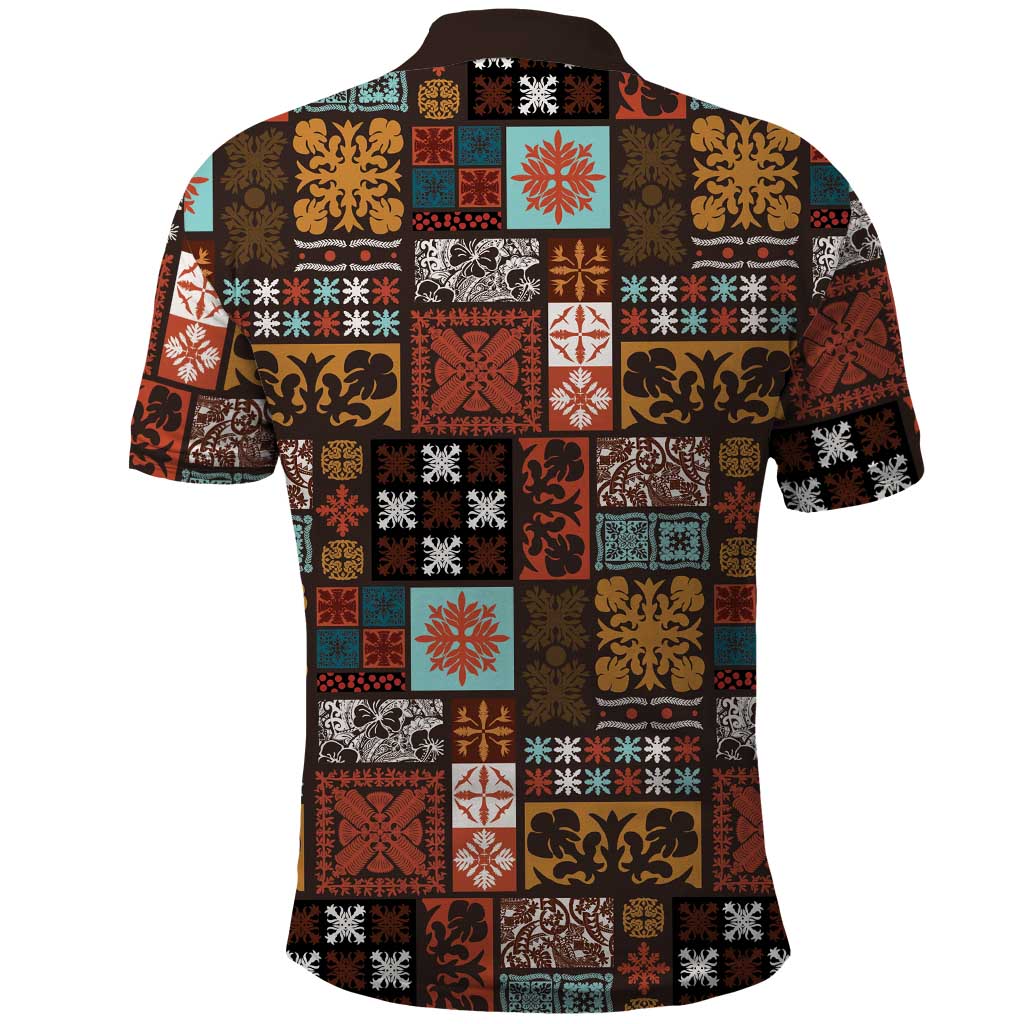 Vintage Hawaiian Quilting Patterns Polo Shirt Brown Style Tribal Fabric Patchwork LT9 - Polynesian Pride