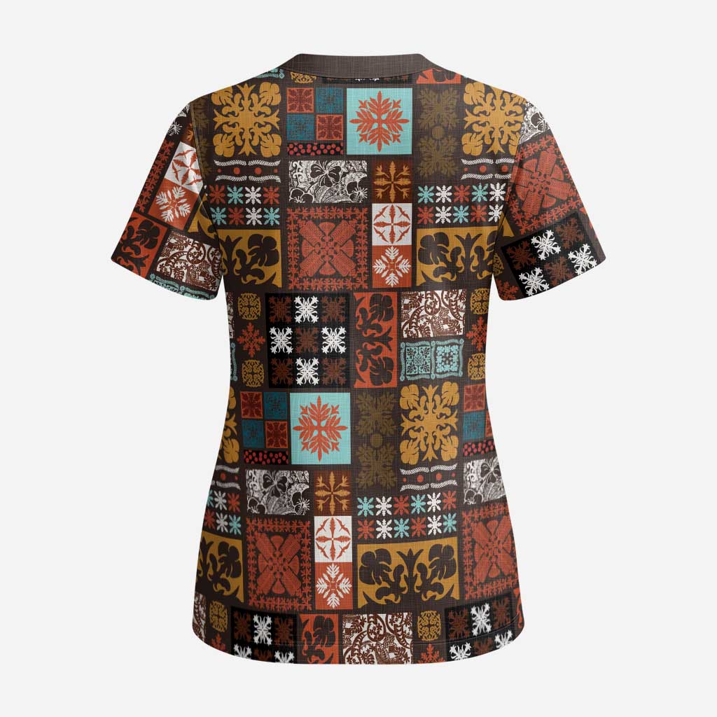 Vintage Hawaiian Quilting Patterns Scrub Top Brown Style Tribal Fabric Patchwork - Polynesian Pride