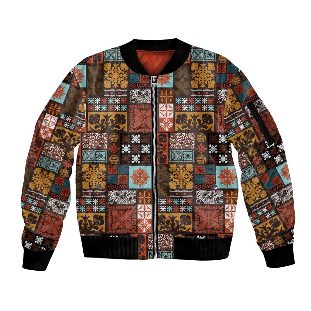 Vintage Hawaiian Quilting Patterns Sleeve Zip Bomber Jacket Brown Style Tribal Fabric Patchwork - Polynesian Pride