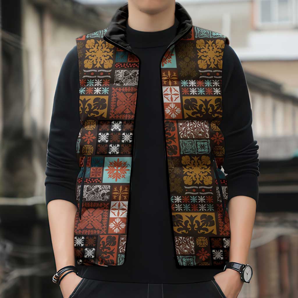 Vintage Hawaiian Quilting Patterns Sleeveless Puffer Jacket Brown Style Tribal Fabric Patchwork - Polynesian Pride