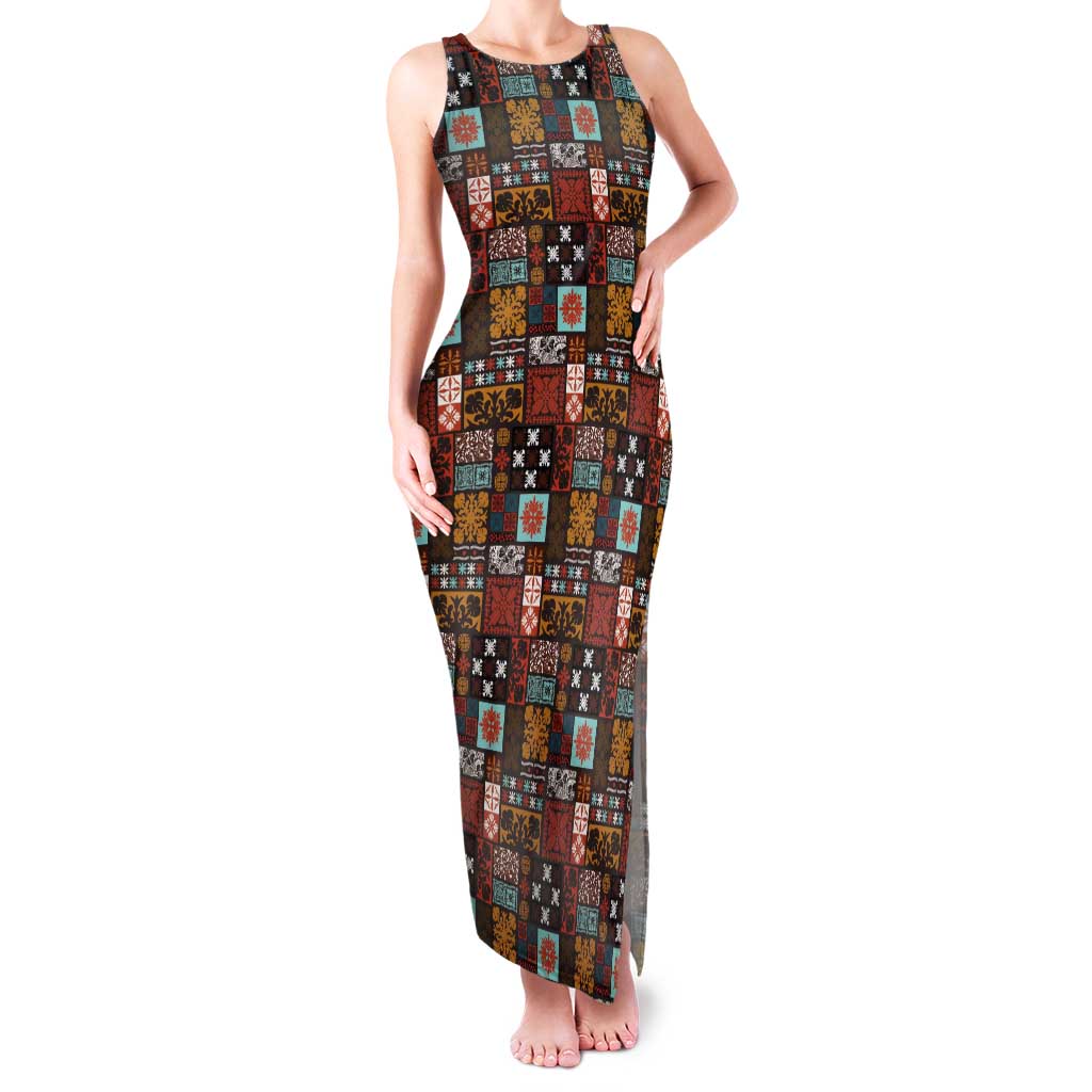 Vintage Hawaiian Quilting Patterns Tank Maxi Dress Brown Style Tribal Fabric Patchwork - Polynesian Pride