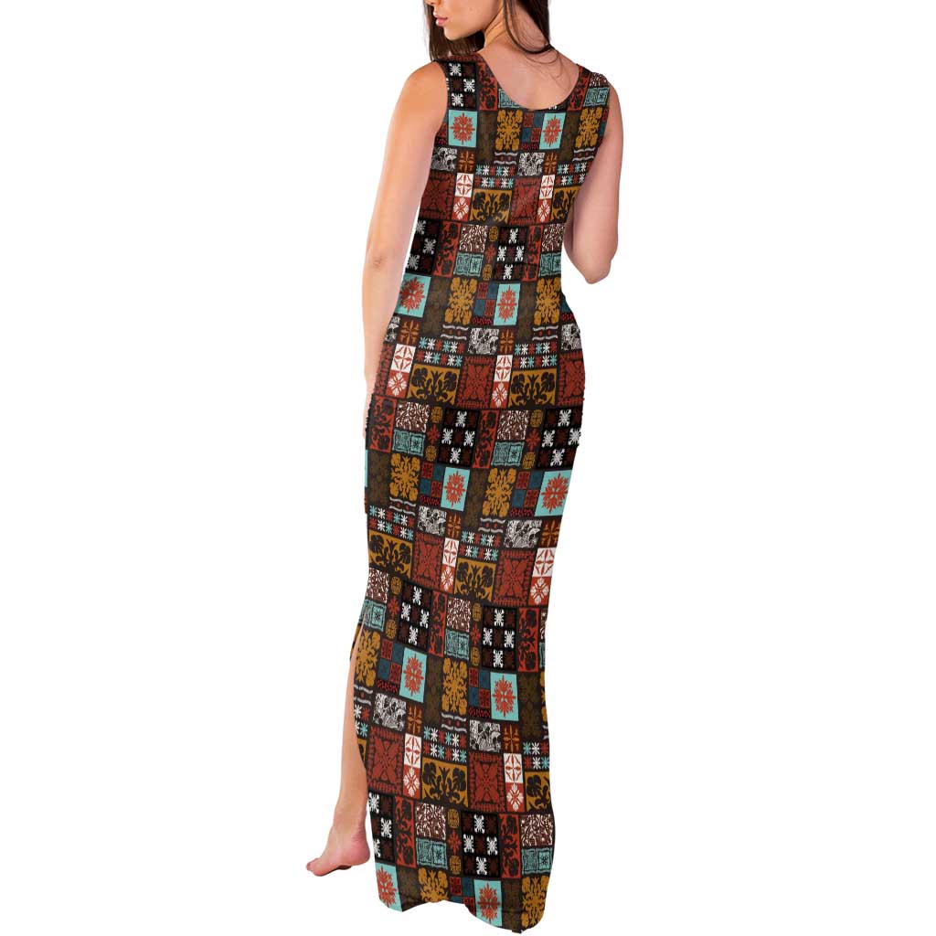 Vintage Hawaiian Quilting Patterns Tank Maxi Dress Brown Style Tribal Fabric Patchwork - Polynesian Pride