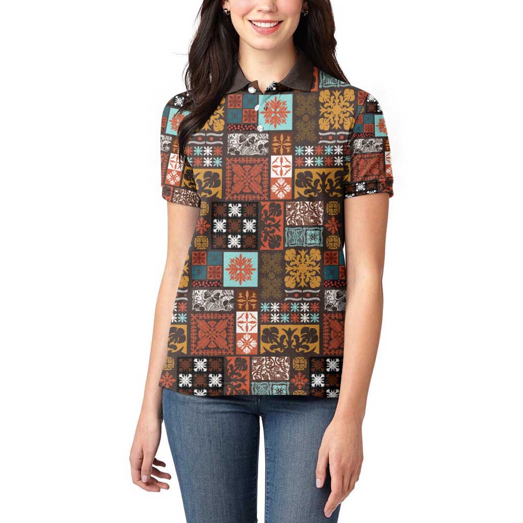 Vintage Hawaiian Quilting Patterns Women Polo Shirt Brown Style Tribal Fabric Patchwork - Polynesian Pride