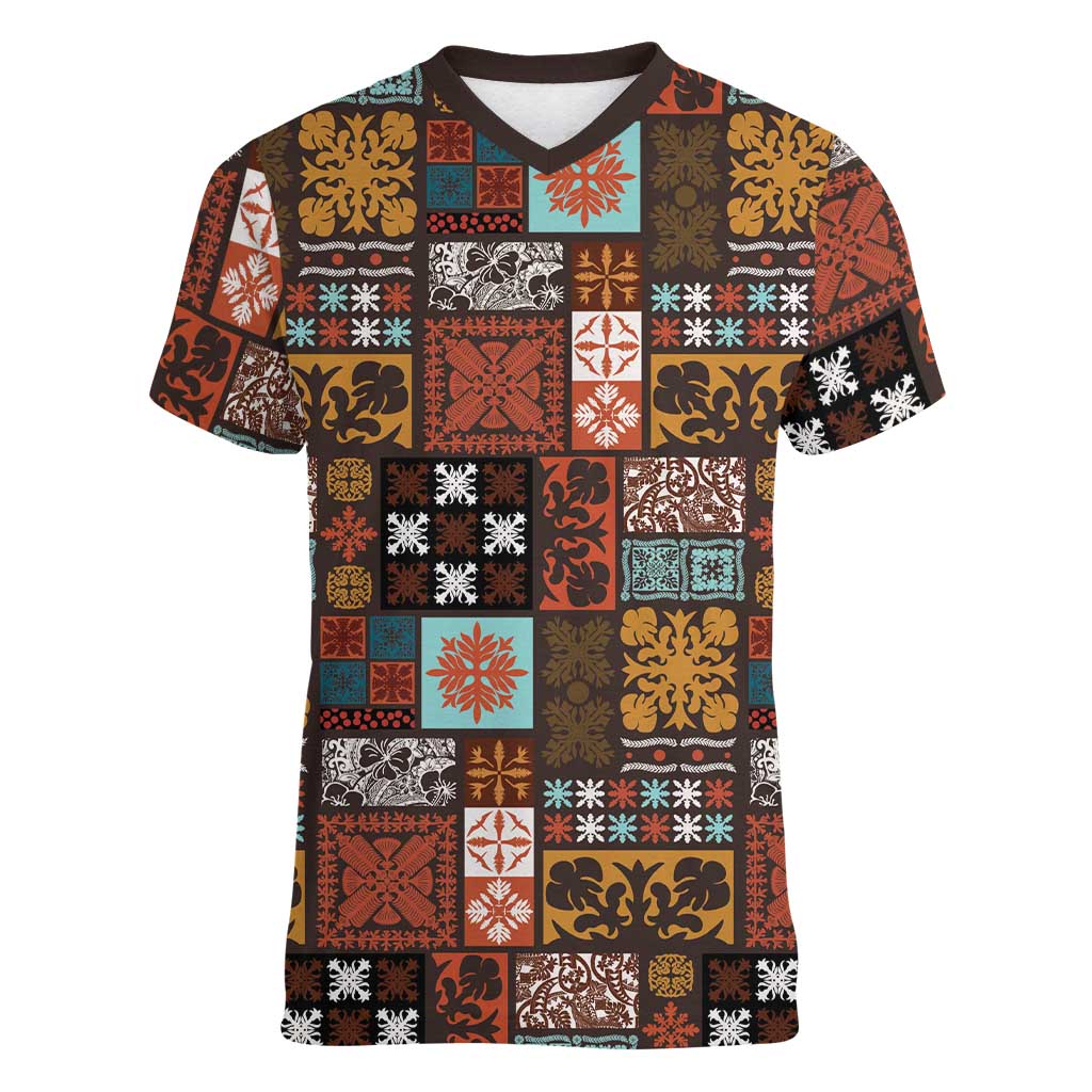 Vintage Hawaiian Quilting Patterns Women V-Neck T-Shirt Brown Style Tribal Fabric Patchwork - Polynesian Pride
